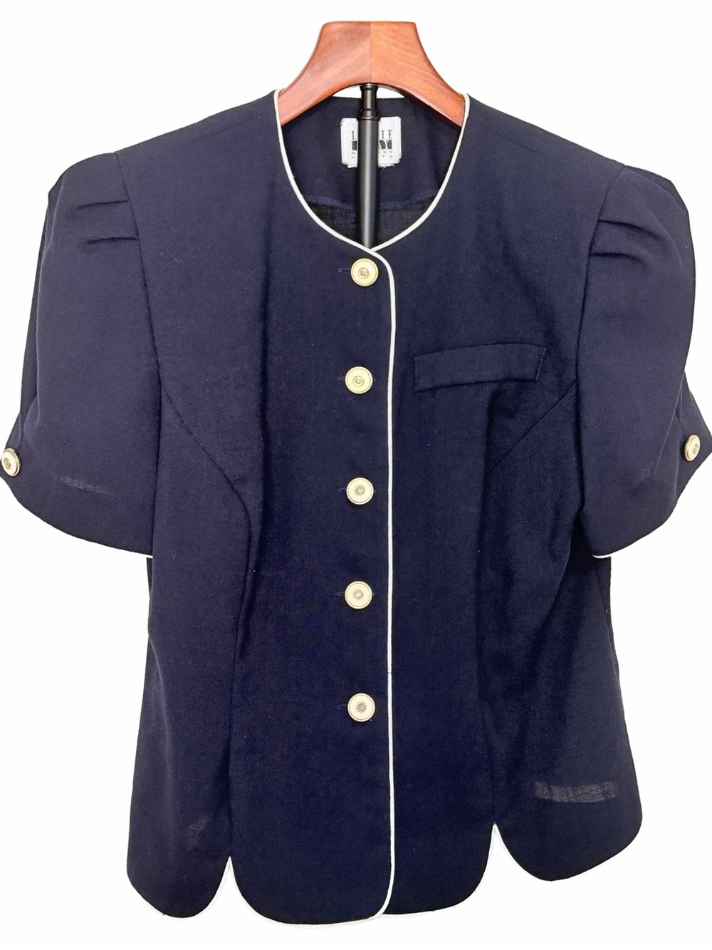 VTG Leslie Fay Navy Button Down Short Sleeve Blazer with white trim piping 6P